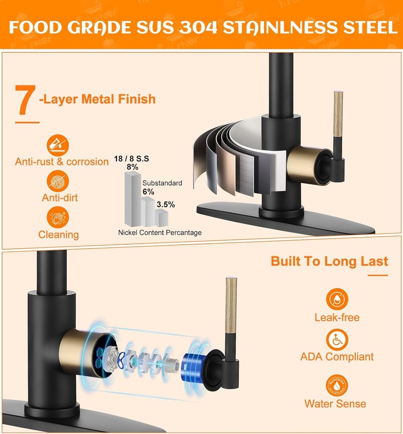 RALANDA Black and Gold Kitchen Faucet for RV & Bar Sink, Stainless Steel Kitchen Faucets with Pull-Down Sprayer Single Handle Gooseneck Design, 1/3 Hole Installation, Matte Black Finish - Image 5